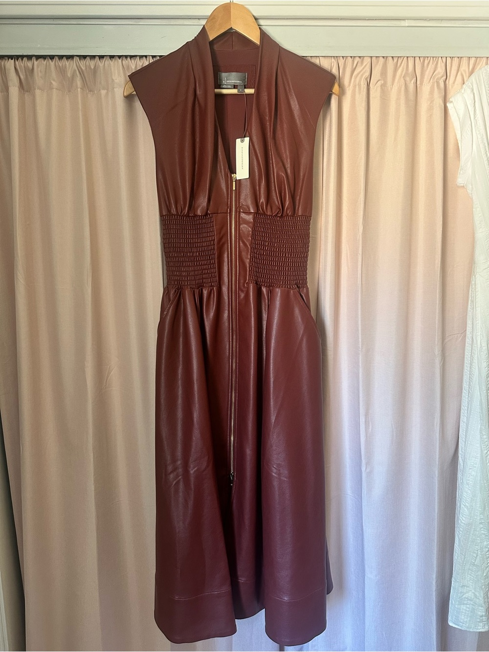 Anthropologie Tommie Cap-Sleeve Faux Leather Midi Dress in Wine/Bordeaux